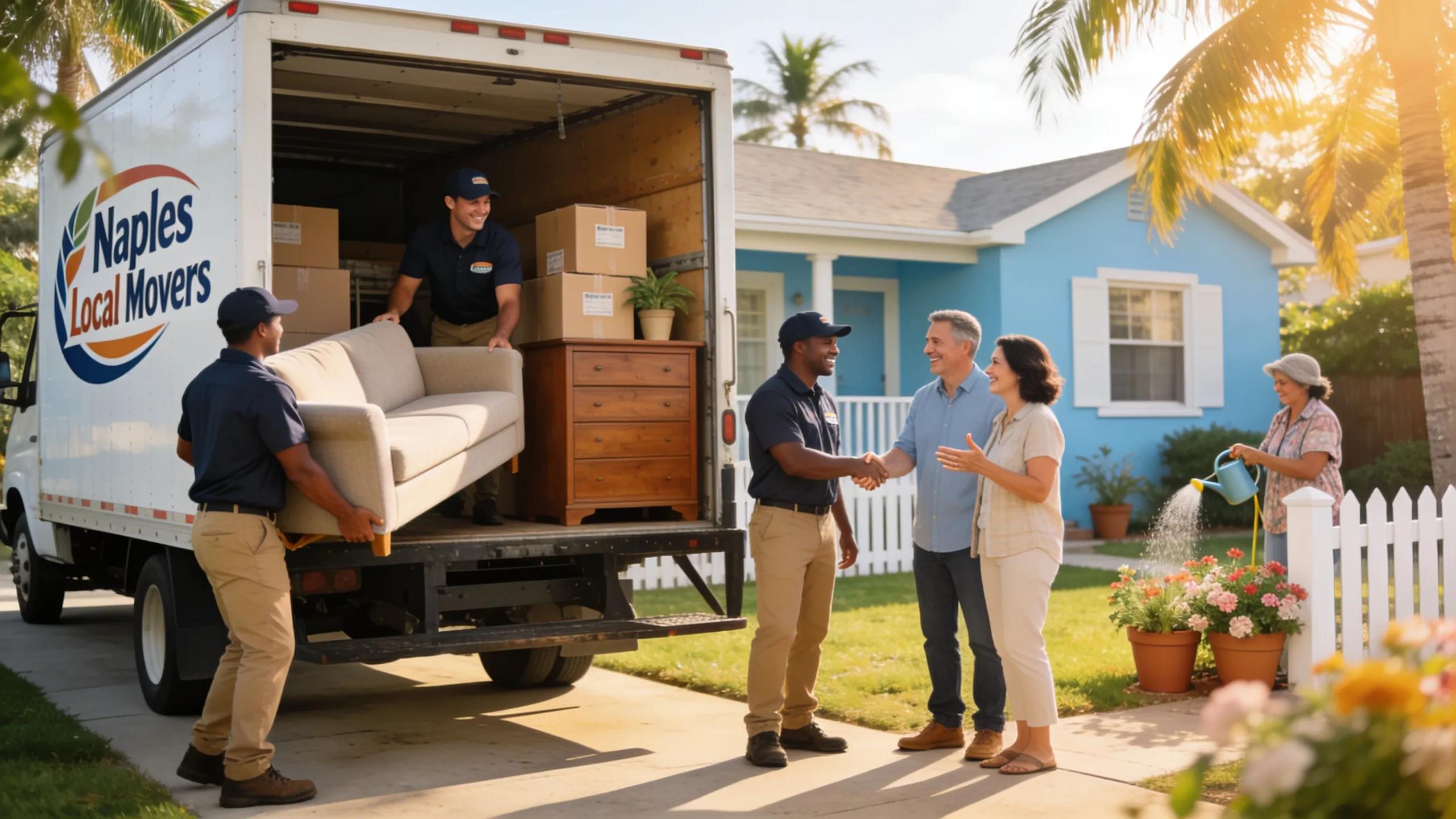 Local moving team in Naples assisting clients with loading furniture and boxes into a moving truck