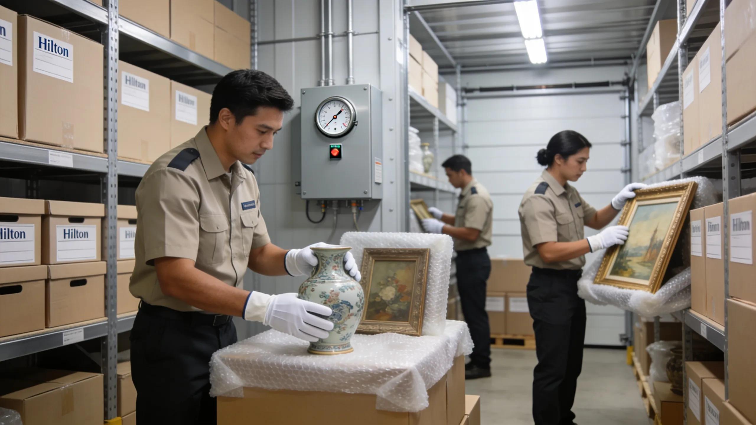Hilton Moving and Storage crew carefully handling fine art and antiques in climate-controlled Naples warehouse.