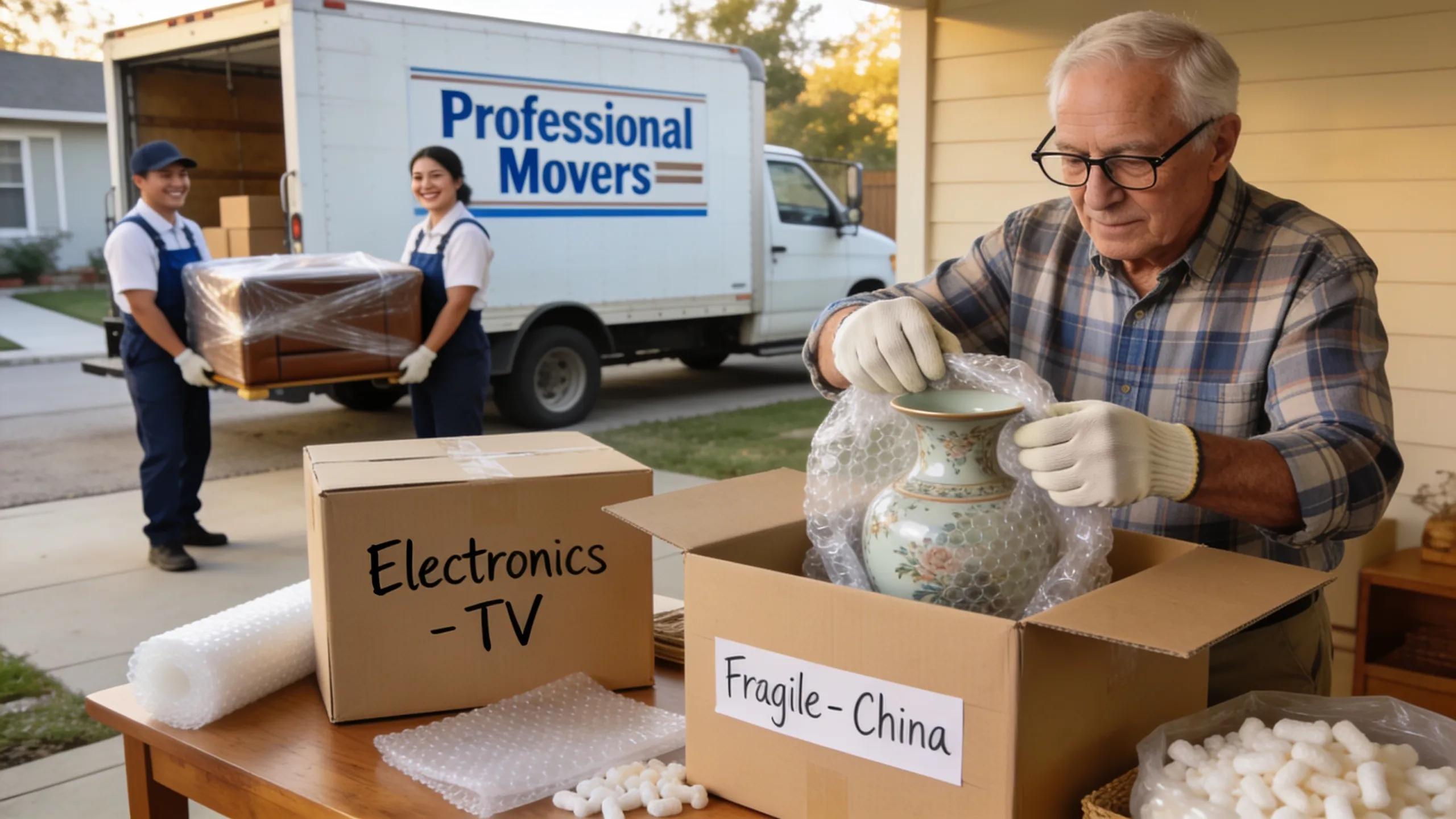Senior packing boxes carefully with high-quality materials, showcasing a collaborative moving experience