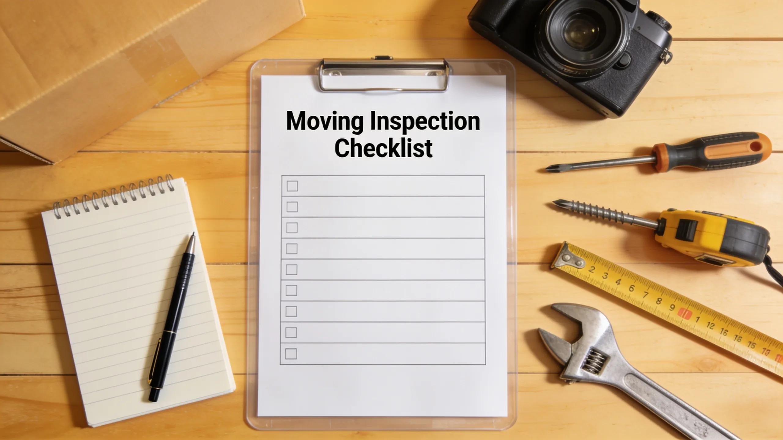 Moving inspection checklist with tools arranged elegantly, highlighting essential items for a successful inspection