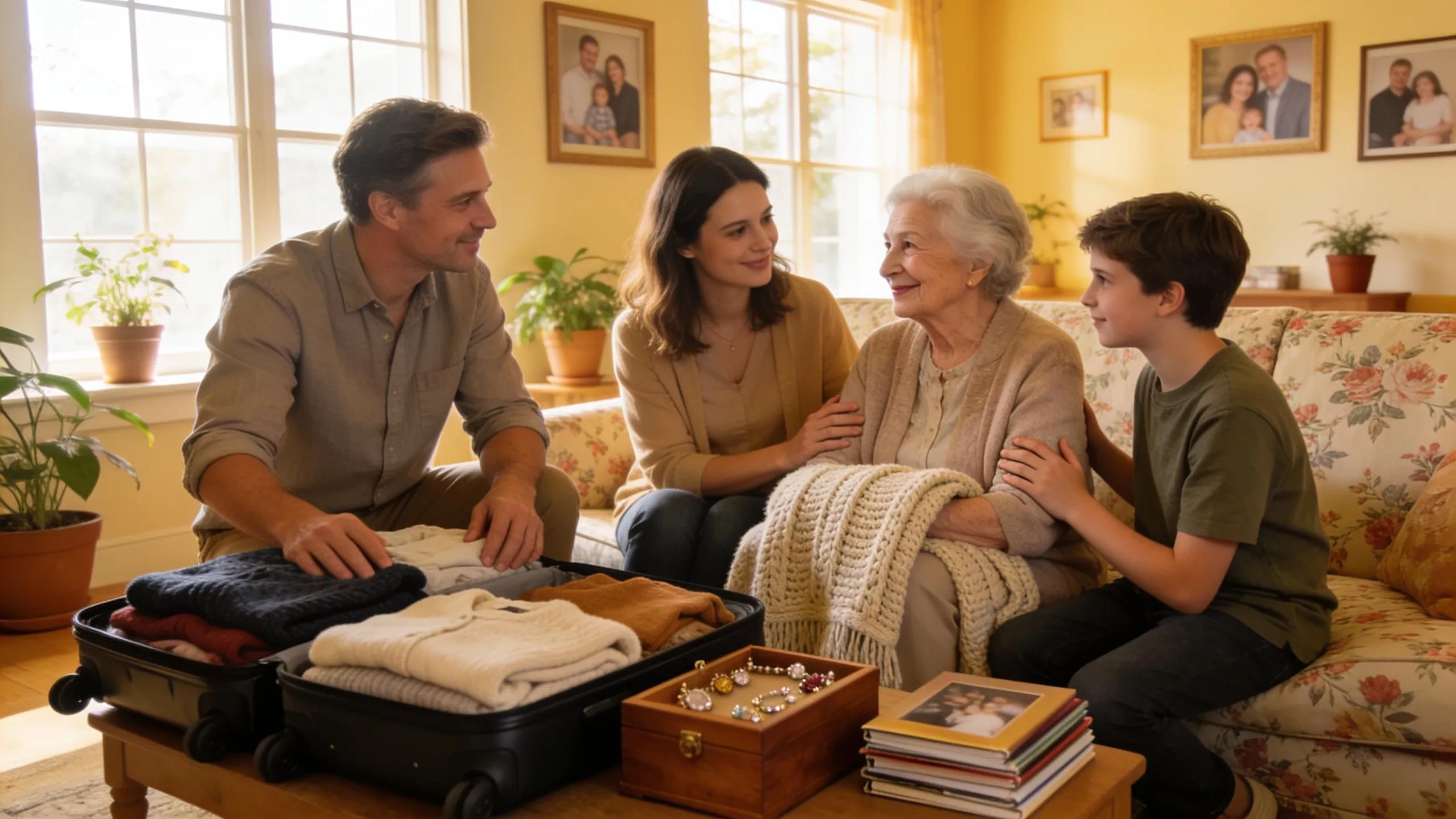 Family preparing for a move to assisted living in a warm, caring home environment