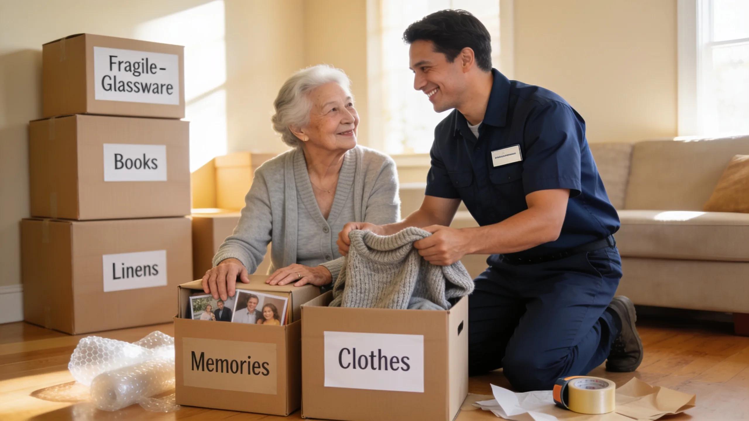 Friendly moving professional assisting elderly person with packing