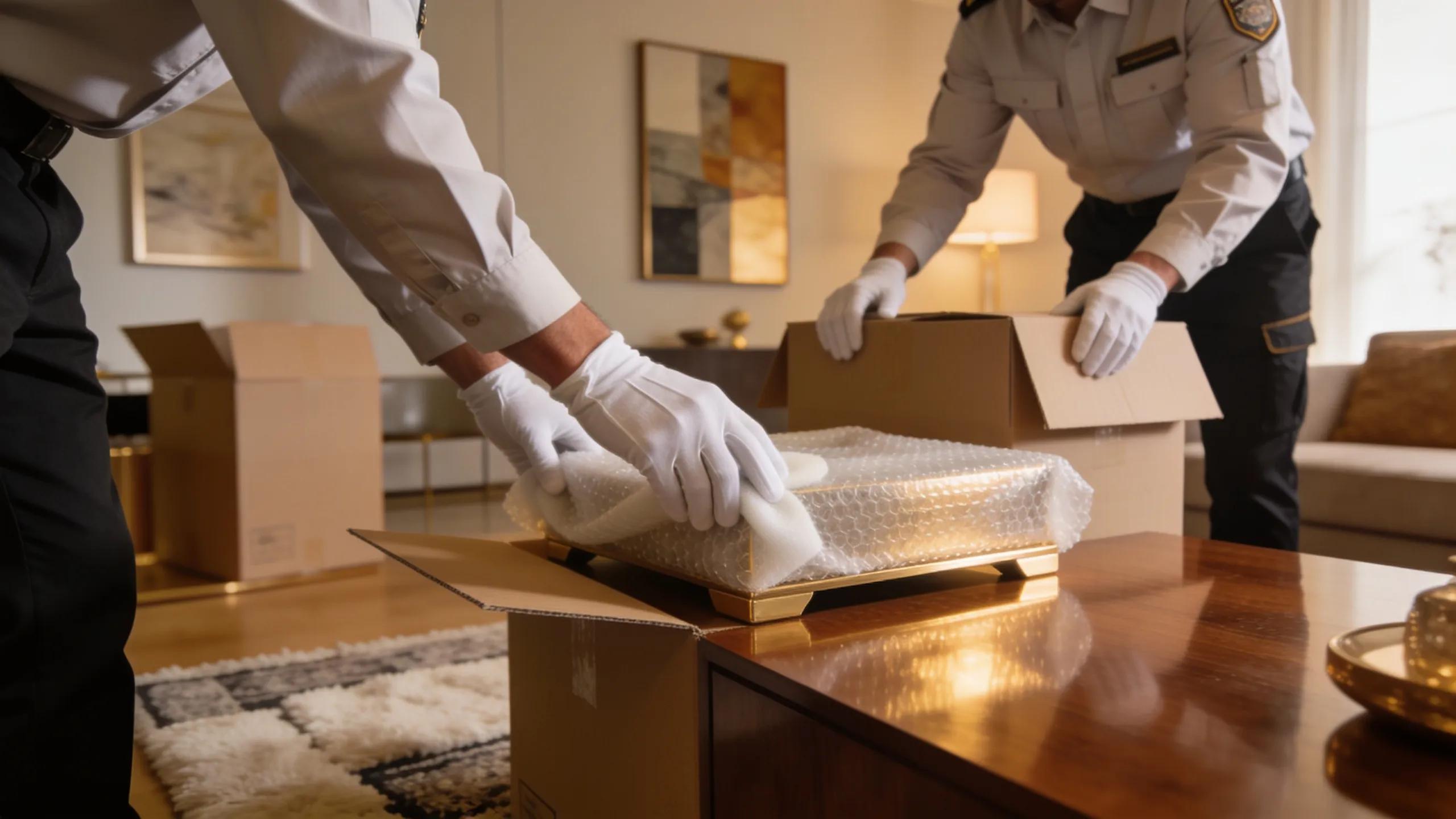 Professional movers providing white glove services unboxing valuable items in a Naples home