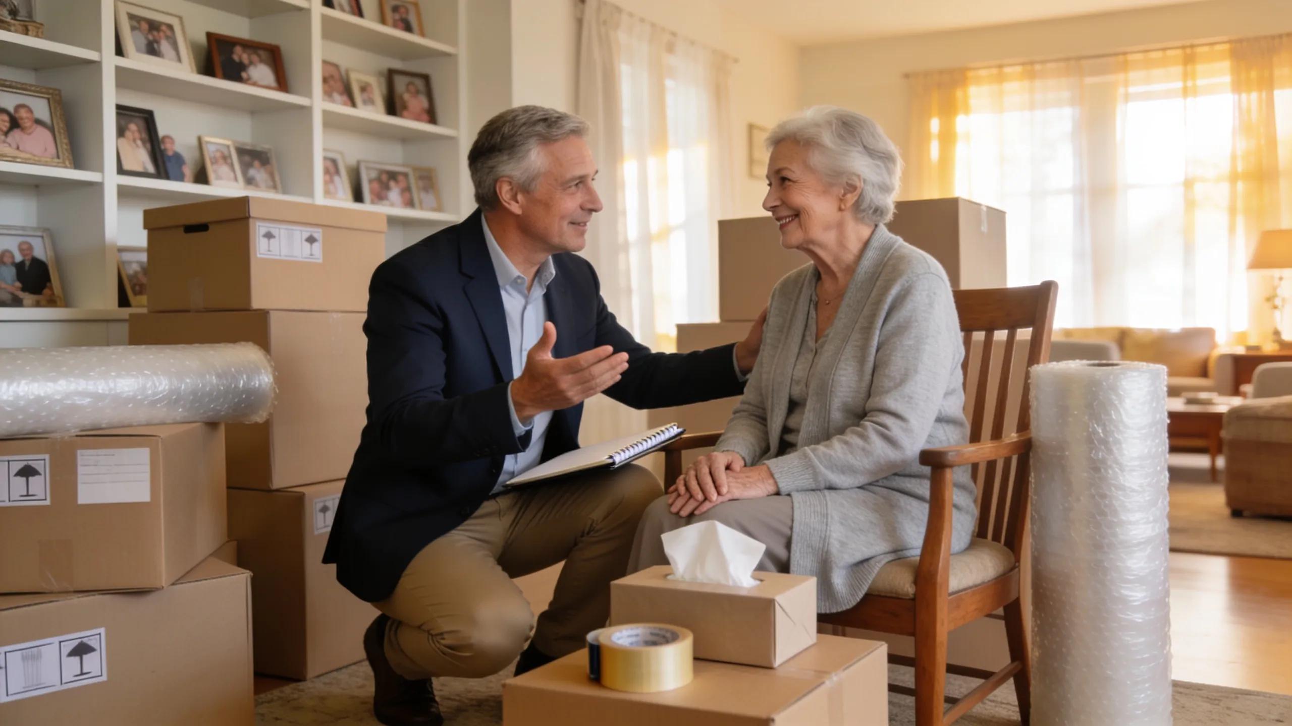 Senior move manager providing emotional support and guidance during a relocation
