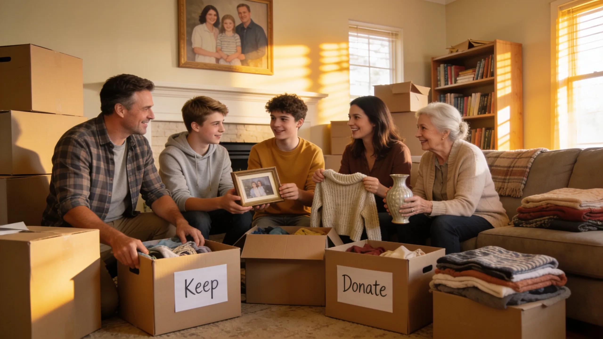 Family gathering to discuss belongings during downsizing