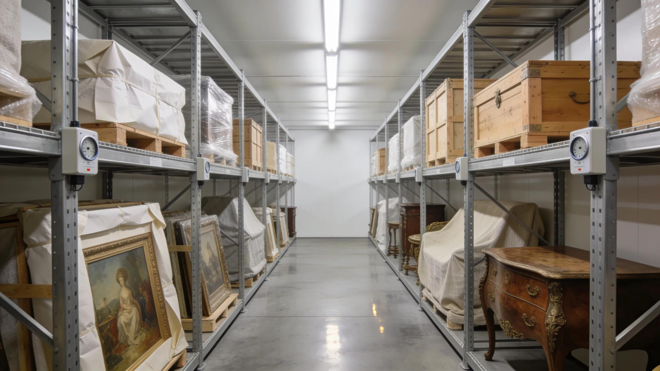 Interior of a climate-controlled storage facility carefully preserving luxury items like artworks and antique furniture